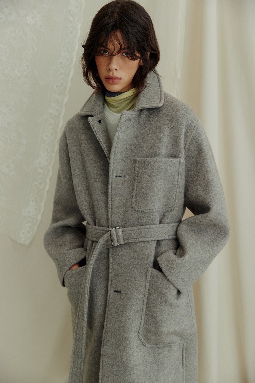 (2colors) BELTED SINGLE COAT (GREY)